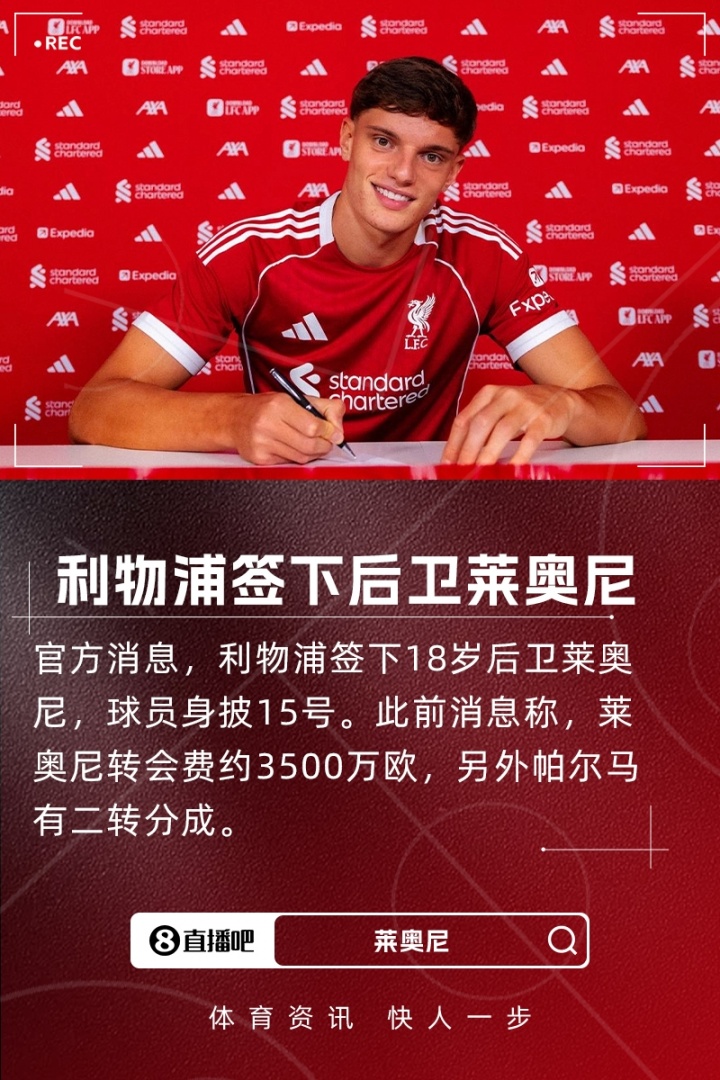 利物浦官方宣布以3500万欧元附加二次转会条款引进18岁新星后卫莱奥尼